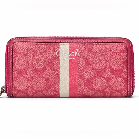 Coach Handbags - COACH Pink Signature Stripe Zip Around Wallet | Accordion Continental